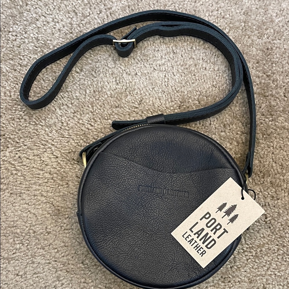 Portland Leather Small Round Black Leather Crossbody Bag